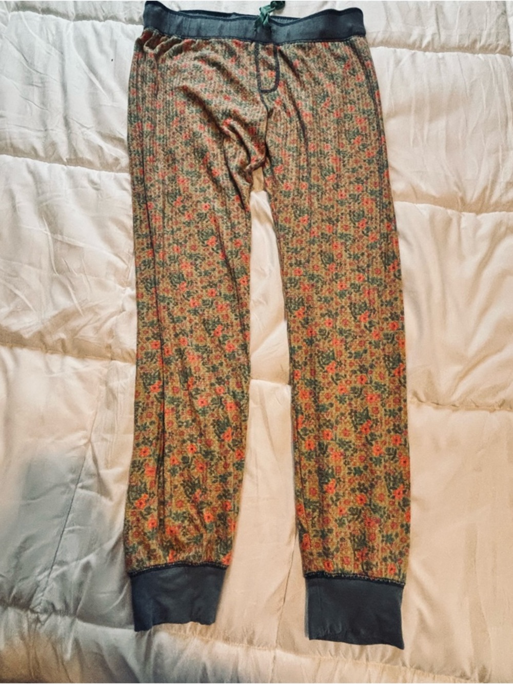 NATURAL LIFE Green Floral Ribbed Leggings with Navy Trim